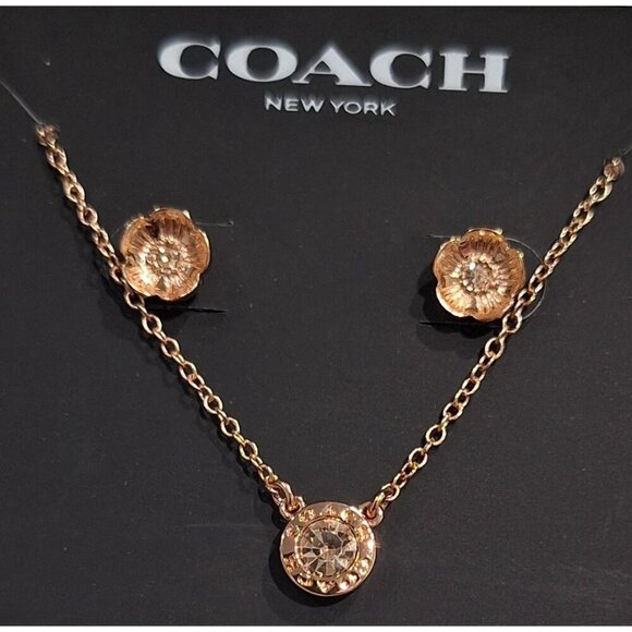 NWT Coach New York Rose Gold-Tone Crystal Necklace & Tea Rose Stud Earrings Set - Picture 2 of 6